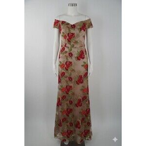 Meister Rose Floral Whimsical Cottagecore Mesh Embroidered Red Maxi Dress Size 4